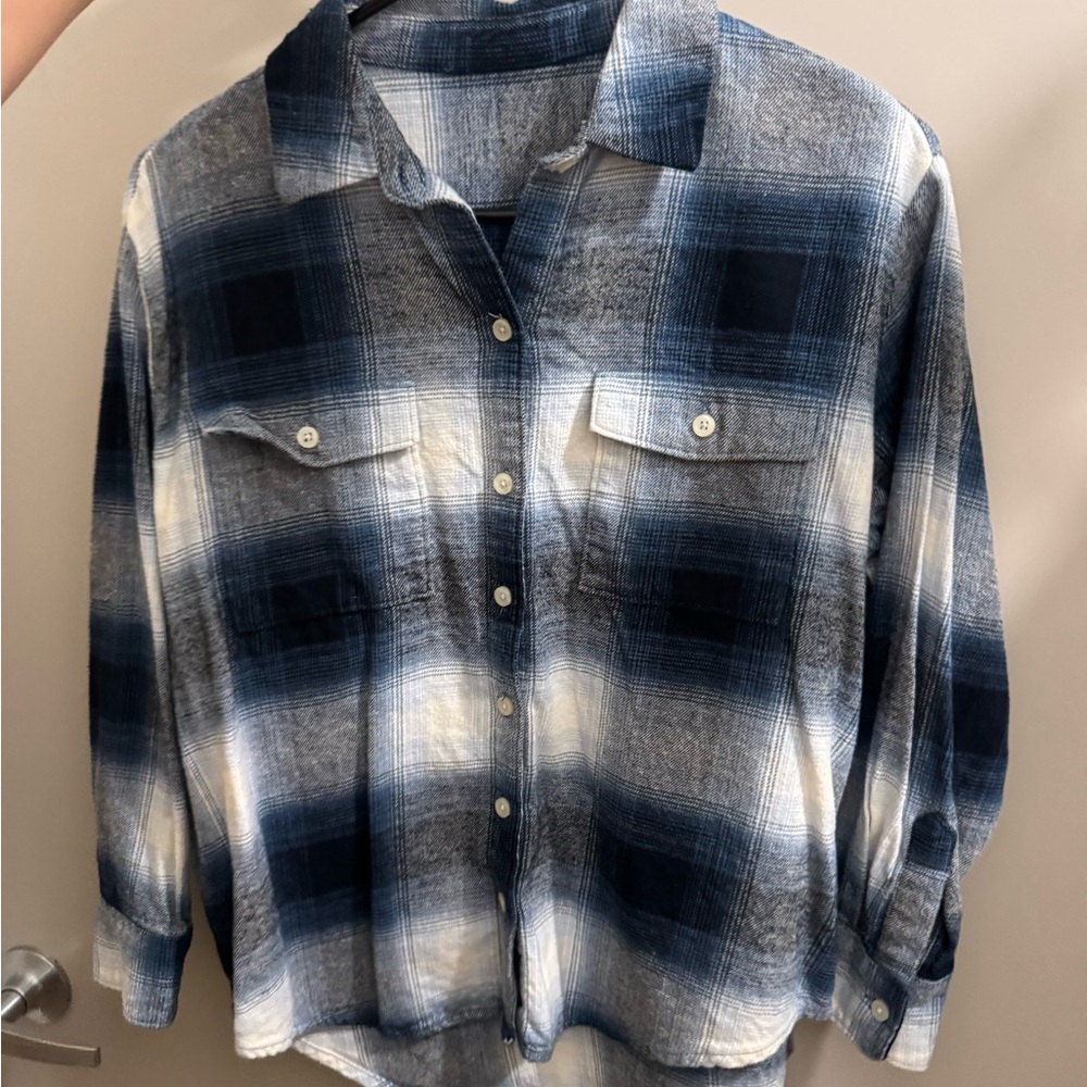 Blue and White Plaid Button-Up Shirt